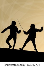 Fencing active young men sword fighting sport silhouettes vector abstract background illustration