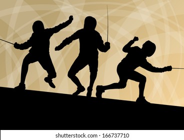 Fencing active young men sword fighting sport silhouettes vector abstract background illustration