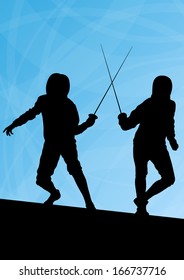 Fencing active young men sword fighting sport silhouettes vector abstract background illustration