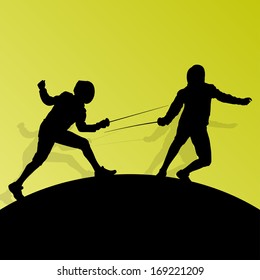 Fencing active young men sword fighting sport silhouettes vector abstract background illustration