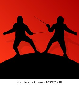 Fencing active young men sword fighting sport silhouettes vector abstract background illustration