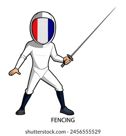 Fencing athlete isolated on white background in cartoon style. Summer Games 2024. Vector illustration.