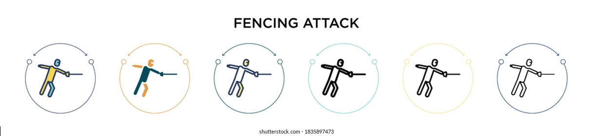 Icono de ataque de cercado en el estilo relleno, delgado, contorno y trazo. Ilustración vectorial de dos iconos vectoriales de ataque de esgrima de color y negro se pueden utilizar para móviles, ui, web
