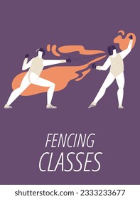 Fencing Klassen Banner oder Poster-Vorlage, flache Vektorgrafik auf Farbhintergrund. Fencing oder Schwertspiel Sportklassen Werbung Banner oder Einladung Mock-up.