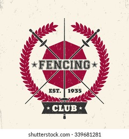 Fencing Club grunge emblem, sign, badge with crossed foils, vector illustration