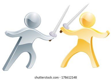 Fencing concept of two people fighting with swords, concept fo competition or similar