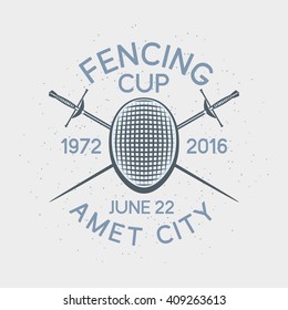 Fencing Cup Emblem, Design Element On Retro Light Background. Tournament Vintage Logo, Stamp. Sport Fencing Equipment - Foil, Rapier, Mask. Use For Web Or Print.