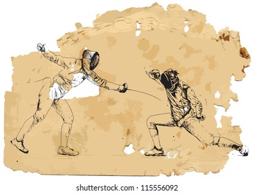 Fencing duel. A vector image is composed of two editable layers - background with torn paper and sketch of swords.