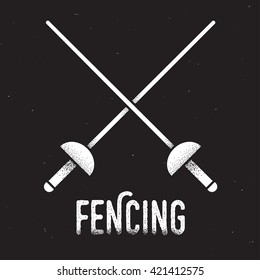 Fencing emblem. Two crossed rapier swords with retro style texture. Vintage vector icon.