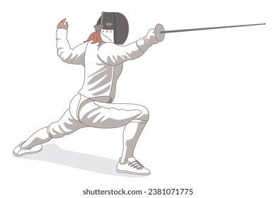 fencing female fencer in lunge position isolated on a white background