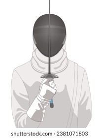 fencing, fencer holding sword in front of mask isolated on a white background