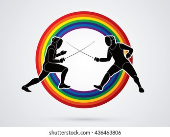 Fencing Fighter designed on line rainbows background graphic vector