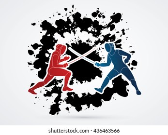 Fencing Fighter designed on splash ink background graphic vector