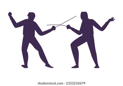 Fencing mit Folien Athleten schwarze Form Silhouetten. Fencersportler umreißen während des Kampfes Silhouetten, Vektorgrafik einzeln auf weißem Hintergrund.