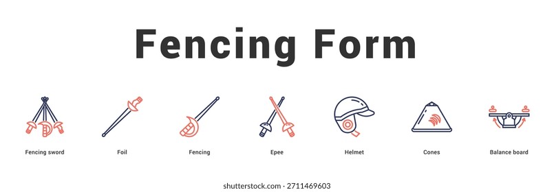 Fencing Form Moderne und saubere Web-Banner-Illustration mit thematischen Symbolen für visuelle Kommunikation