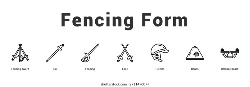 Fencing Form Moderne und saubere Web-Banner-Illustration mit thematischen Symbolen für visuelle Kommunikation