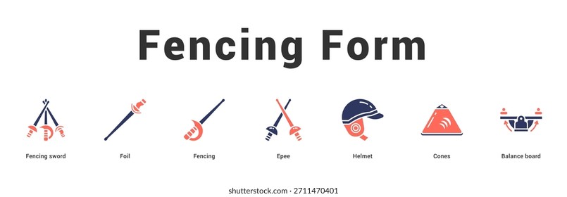 Fencing Form Moderne und saubere Web-Banner-Illustration mit thematischen Symbolen für visuelle Kommunikation