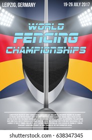 Fencing Helmet on German Flag Background with arena background. Event poster of Fencing Championship in Germany 2017. Editable Vector Illustration.