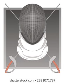 fencing helmet and two saber swords crossed with grey background