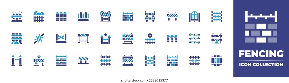 Fencing icon collection. Duotone color. Vector illustration. Containing fence, barrier, wall, barricade, gate, barbed wire, draws, hurdle, red carpet, railing, road block, border barrier, field.