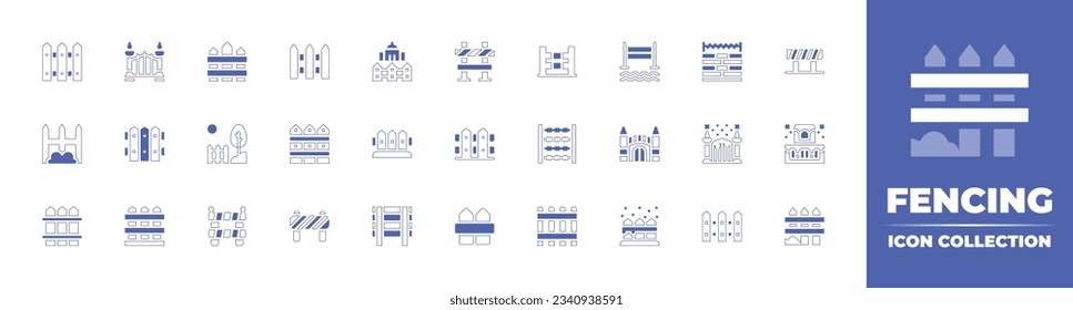 Fencing icon collection. Duotone style line stroke and bold. Vector illustration. Containing fence, hurdle, wall, barrier, garden, border, gate, barricade, and more.