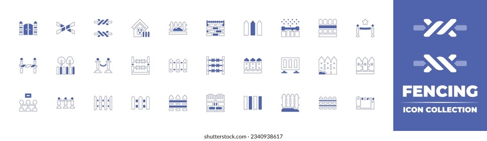 Fencing icon collection. Duotone style line stroke and bold. Vector illustration. Containing gate, police line, barbed wire, home, fence, wall, security, garden, barrier, vip, railing, and more.