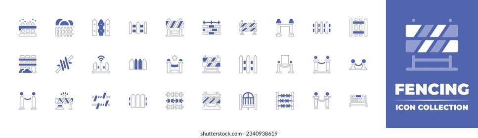 Fencing icon collection. Duotone style line stroke and bold. Vector illustration. Containing fence, fences, barrier, wall, draws, barbed wire, red carpet, barricade, road block, gate, and more.