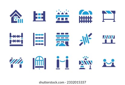 Fencing icon set. Duotone color. Vector illustration. Containing home, hurdle, fence, barbed wire, border, draws, barrier, barricade, gate, red carpet.