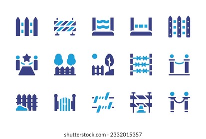 Fencing icon set. Duotone color. Vector illustration. Containing fence, hurdle, red carpet, backyard, garden, barbed wire, gate, barrier, entrance.