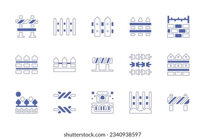 Fencing icon set. Duotone style line stroke and bold. Vector illustration. Containing fence, border barrier, barrier, barbed wire, garden, barricade.