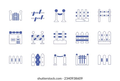 Fencing icon set. Duotone style line stroke and bold. Vector illustration. Containing gate, barbed wire, barrier, fence, hospital.