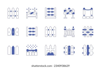 Fencing icon set. Duotone style line stroke and bold. Vector illustration. Containing fence, barbed wire, barrier, wire fence.