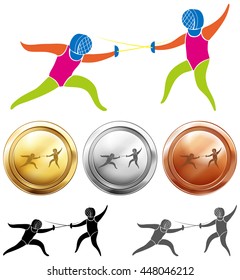 Fencing icon and sport medals illustration