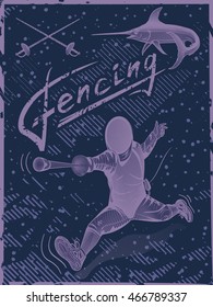 Fencing lettering and fencer. Vector illustration. Black background.