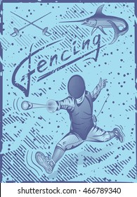 Fencing lettering and fencer. Vector illustration. Blue background.