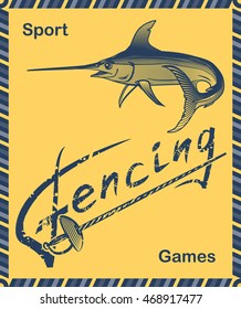 Fencing lettering and swordfish. Vector illustration. Gold background.