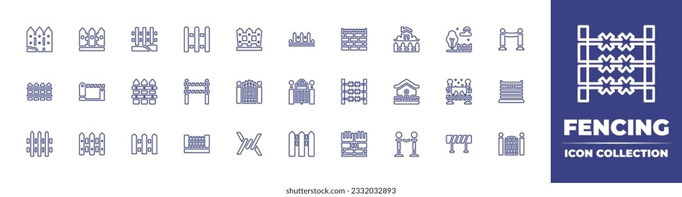 Fencing line icon collection. Editable stroke. Vector illustration. Containing fence, wall, real estate, park, red carpet, barrier, gate, gates, barbed wire, home, gloves, event, barricade.