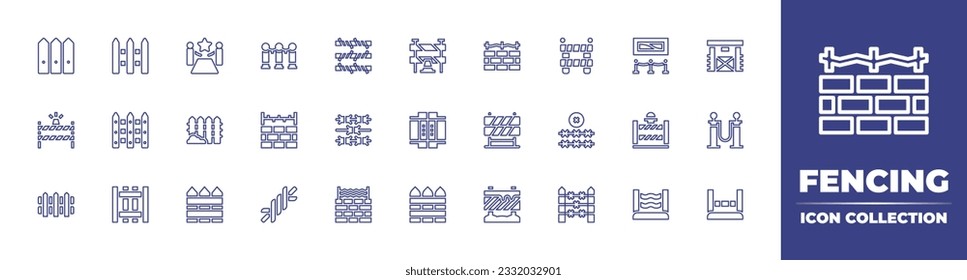 Kollektion von Symbolen für die Fenzellinie. Bearbeitbarer Strich. Vektorgrafik. Zaun, roter Teppich, Geländer, Stacheldraht, Barriere, Wand, Kunst, Tor, Grenzbarriere, Feld, Barrikade, Straßenblock, Hürde.