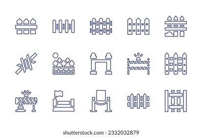 Fencing line icon set. Editable stroke. Vector illustration. Containing fence, barbed wire, garden, barrier, barricade, hurdle.