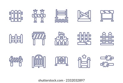 Fencing line icon set. Editable stroke. Vector illustration. Containing fence, hurdle, fences, real estate, barricade, gate, red carpet, barbed wire.