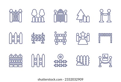 Symbol für die Umzäunungslinie eingestellt. Bearbeitbarer Strich. Vektorgrafik. Mit Tor, Hinterhof, Tore, Garten, Barriere, Zaun, roter Teppich, Zäune, Stacheldraht, Rahmen.