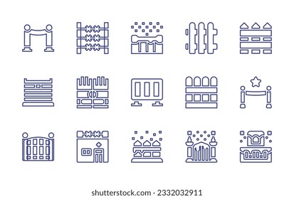 Conjunto de iconos de la línea de cercado. Trazo editable. Ilustración vectorial. Con alfombra roja, alambre de púas, valla, guantes, puerta, hospital.