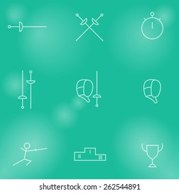 Fencing line white icons on green blur background, vector illustration, eps10, easy to edit