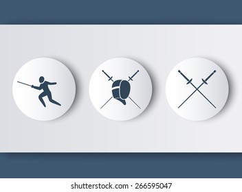 Fencing logos with fencer, mask, crossed foils, vector illustration, eps10, easy to edit