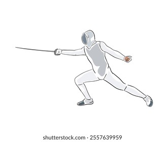 Fencing, male fencer, isolated vector line art drawing illustration