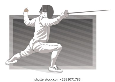fencing male fencer in lunge position on a grey background