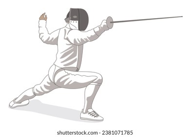 fencing male fencer in lunge position isolated on a white background