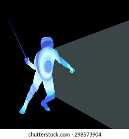 Fencing man silhouette vector background colorful concept made of transparent curved shapes