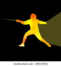 Fencing man silhouette vector background colorful concept made of transparent curved shapes
