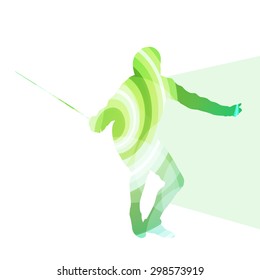 Fencing man silhouette vector background colorful concept made of transparent curved shapes